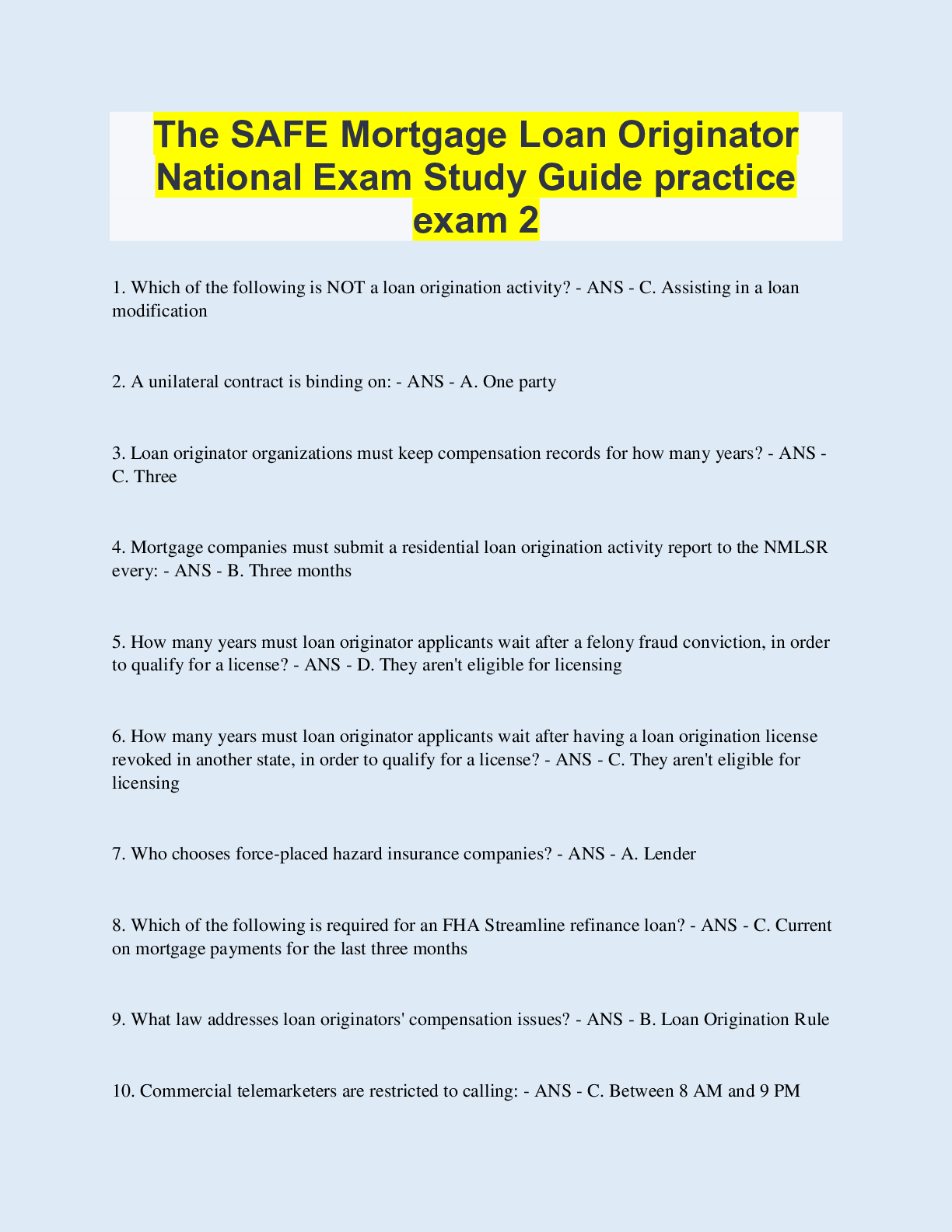 The SAFE Mortgage Loan Originator National Exam Study Guide practice